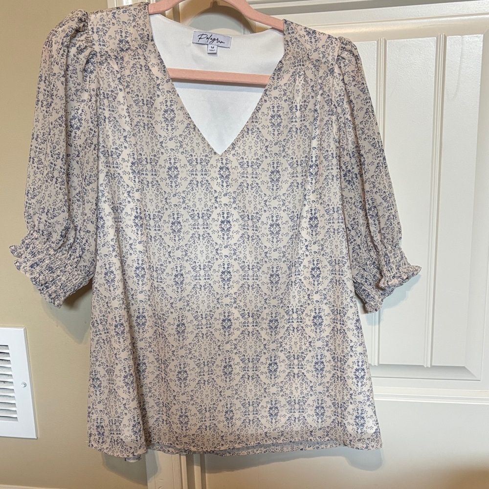 Polagram Blue and Cream Patterned V-Neck Blouse